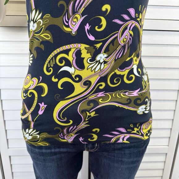 L'Agence Ressi Top Blue Olive Abstract Scarf Print Stretch Knit Blouse Size XS - Picture 4 of 10